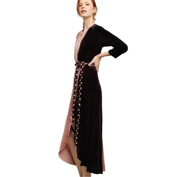 MISA Los Angeles Dress Paloma Burgundy Blush Velvet Wrap Dress Braided Event NWT - Picture 6 of 11
